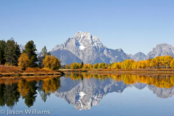 Mount Moran With Fall Foliage Reflects Off The Owbow Bend Of The Snake River In Grand Teton National Park
