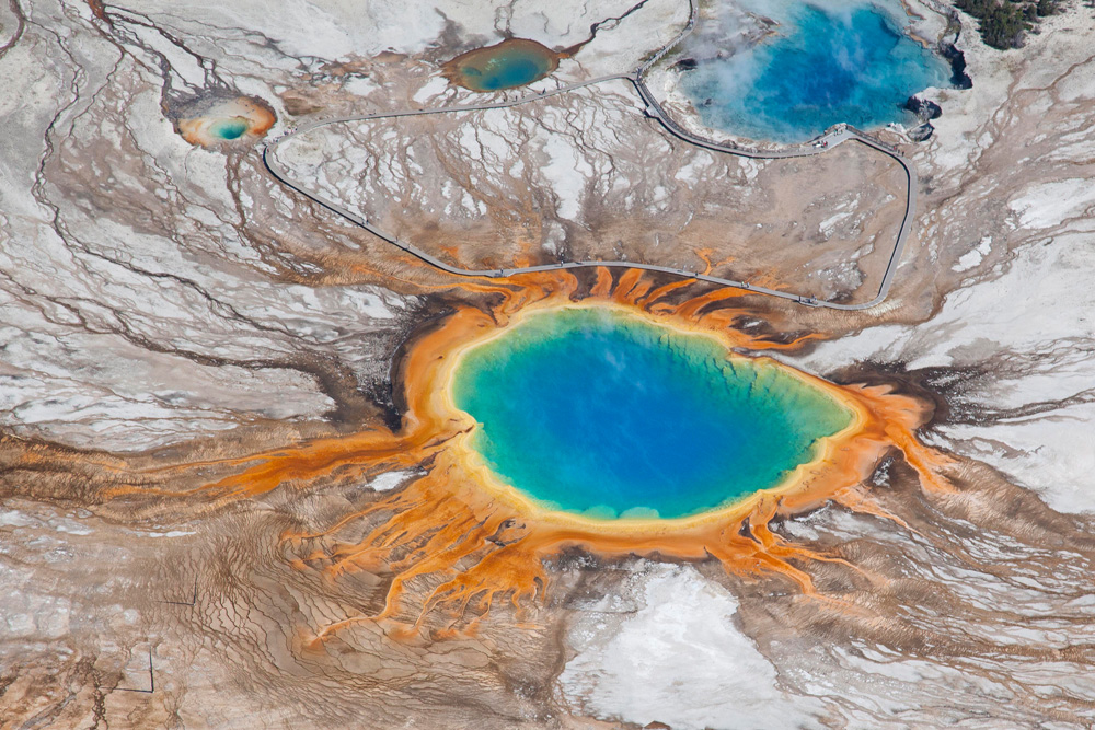 An Aerial View Of The Rainbow Colors Of The Grand Prismatic Spring In Yellowstone National Park