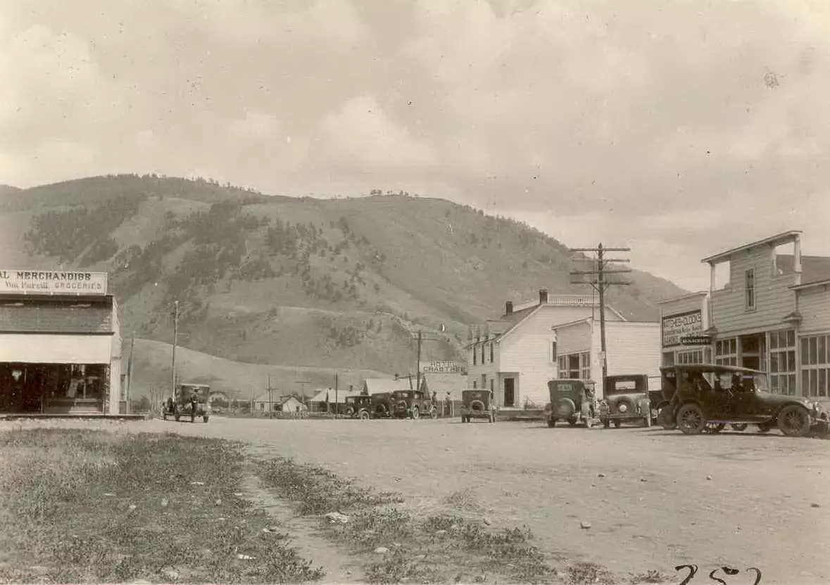 Downtown Jackson Hole As It Was In 1920 With Crabtree Hotel and Mercill Merchandise Visible