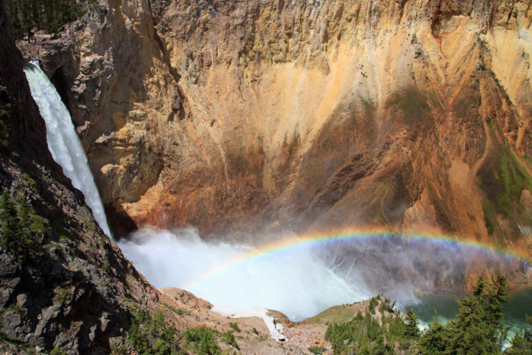 An Above View Of A Waterfall And Rainbow In Yellowstone National Park