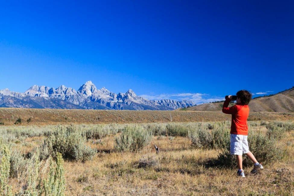A Young Wildlife Safari Guest Looking For Wildlife On The Sage Flats Of Grand Teton National Park