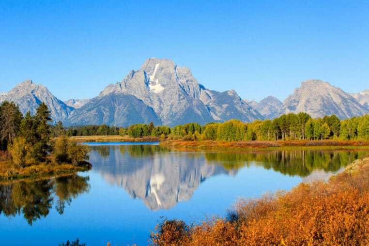Reflection of Mount Moran in the Oxbow Bend of the Snake River in Grand Teton National Park.