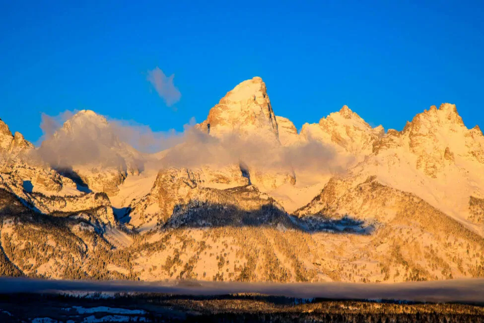 Sunrise on the Teton Range during winter in Jackson Hole