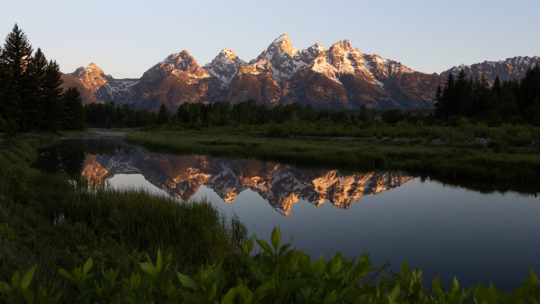 Grand Teton Mountains Reflecting In An Offshoot Of Snake River, Called Schwabachers, At Sunrise
